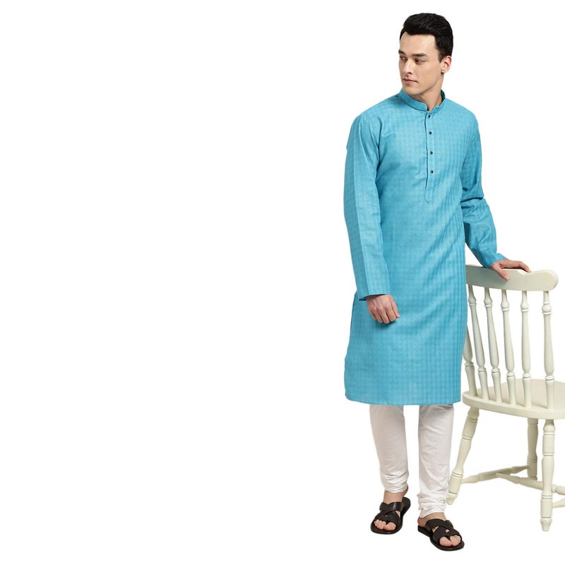 Sojanya (Since 1958 Men'S Cotton Linen Peacock Blue Checked Only Long Kurta, Size 42 - Image 5